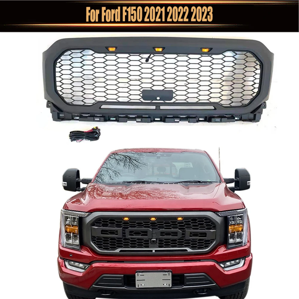 For Ford F150 2021-2023 Auto Parts ABS Matte Black Raptor Style Front Grille Bumper Racing Grills Wiht Amber LED Light Fit
For Ford F150 2021-2023 Auto Parts ABS Matte Black Raptor Style Front Grille Bumper Racing Grills Wiht Amber LED Light Fit