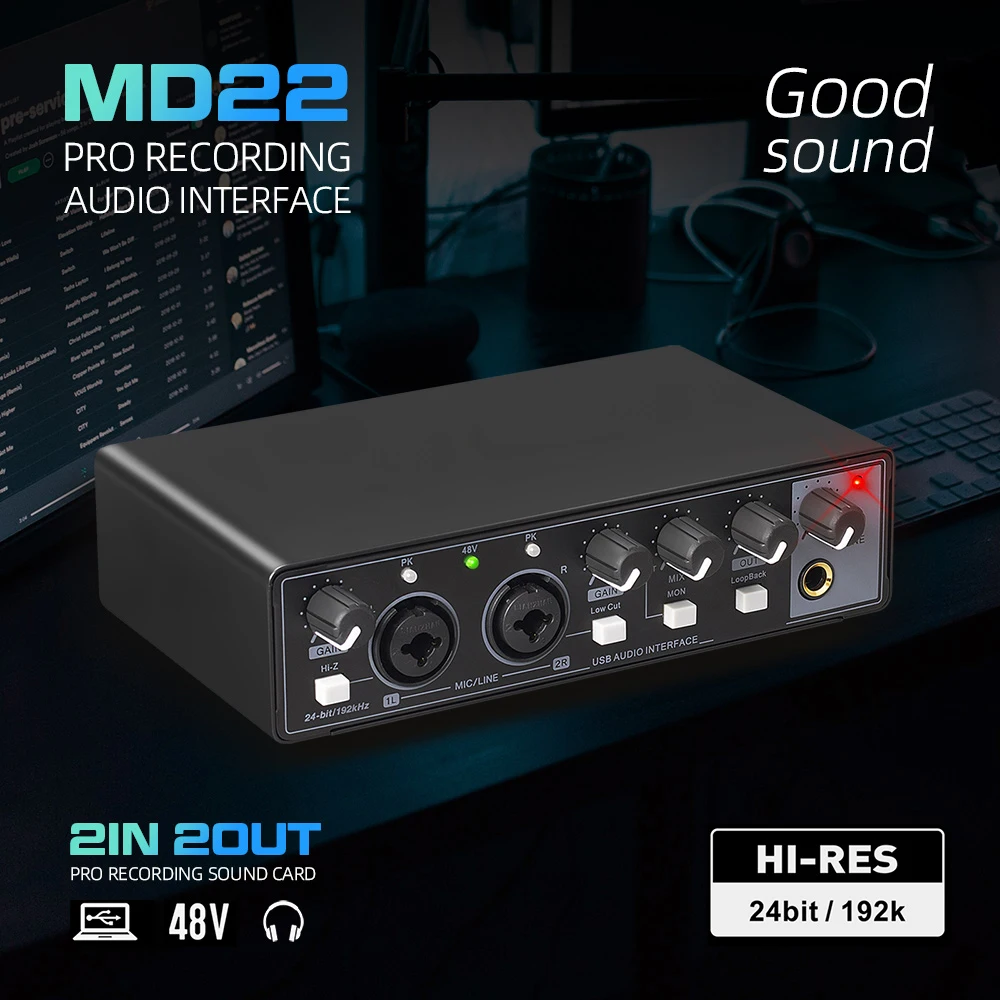 MD22 Professional Audio Sound Card Monitor Electric Guitar Recording for Live Broadcast Studio Singing Computer
MD22 Professional Audio Sound Card Monitor Electric Guitar Recording for Live Broadcast Studio Singing Computer