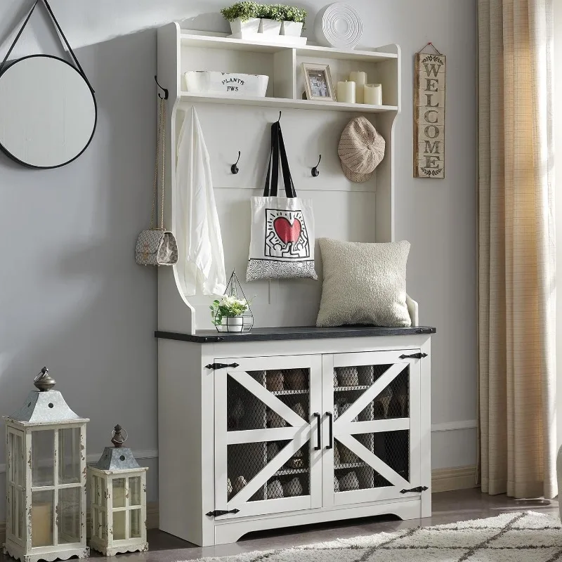 42" Farmhouse Hall Tree with Shoe Storage, Entryway Bench with 12 Cubbies, 7 Hooks & Barn Doors, Mudroom Coat Rack Ca
42" Farmhouse Hall Tree with Shoe Storage, Entryway Bench with 12 Cubbies, 7 Hooks & Barn Doors, Mudroom Coat Rack Ca