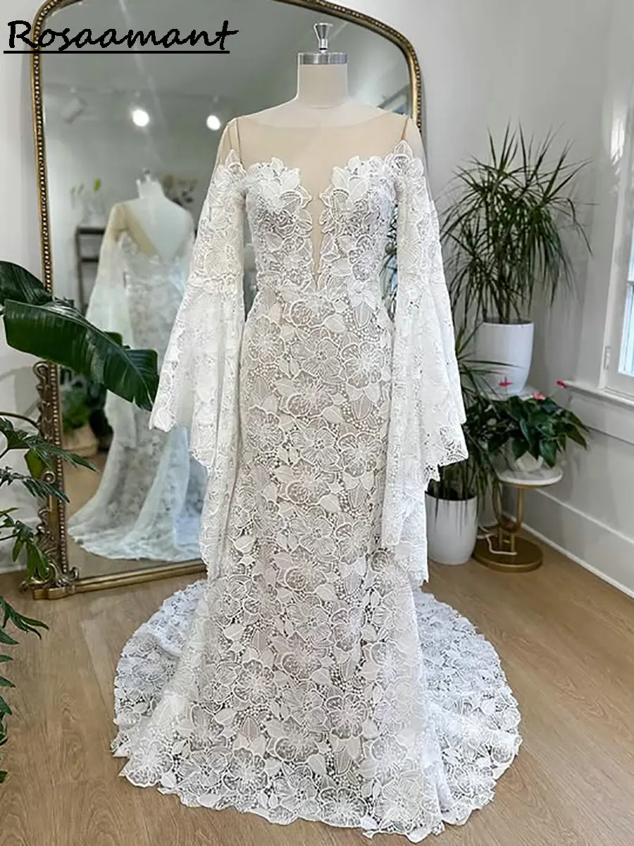 Charming Illusion Long Flare Sleeve Mermaid Wedding Dresses Appliques Lace Country Bridal Gowns 
Charming Illusion Long Flare Sleeve Mermaid Wedding Dresses Appliques Lace Country Bridal Gowns
