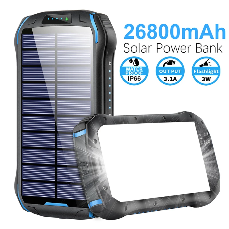 Solar Power Bank 26800mAh Waterproof Portable 3.1A Fast Charging Poverbank Mobile Phone Charger Powerbank with LED Camping Light
Solar Power Bank 26800mAh Waterproof Portable 3.1A Fast Charging Poverbank Mobile Phone Charger Powerbank with LED Camping Light