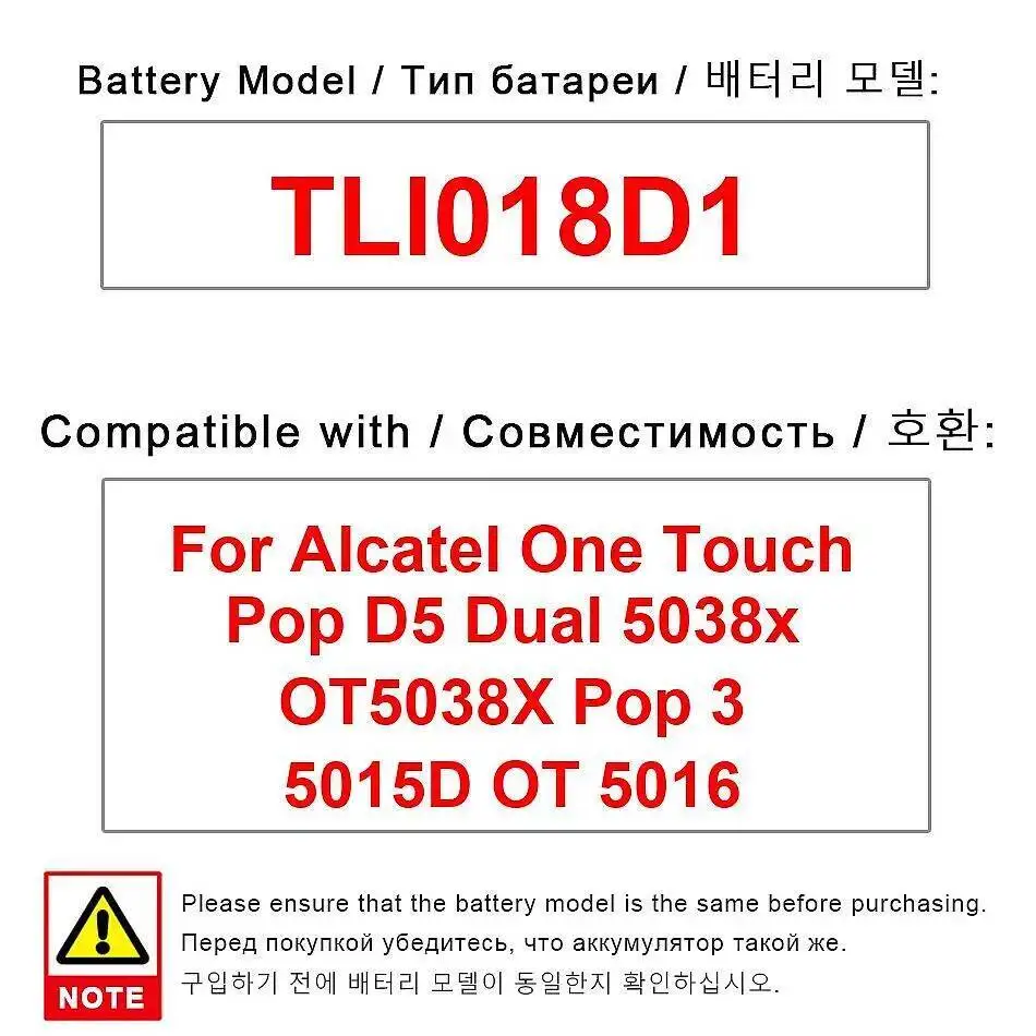 For Alcatel One Touch Pop D5 Dual 5038X OT5038X 3 5015D OT 5016 Reliable Replacement 1800Mah Mobile Phone Battery TLI018D1
For Alcatel One Touch Pop D5 Dual 5038X OT5038X 3 5015D OT 5016 Reliable Replacement 1800Mah Mobile Phone Battery TLI018D1