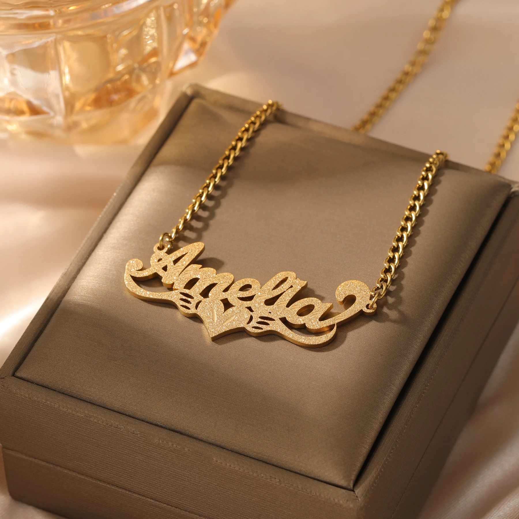 Custom Cursive Name Necklace Personalized Script Nameplate Pendant Gold Plated Stainless Steel Sandblasted Finish Gift for Women
Custom Cursive Name Necklace Personalized Script Nameplate Pendant Gold Plated Stainless Steel Sandblasted Finish Gift for Women