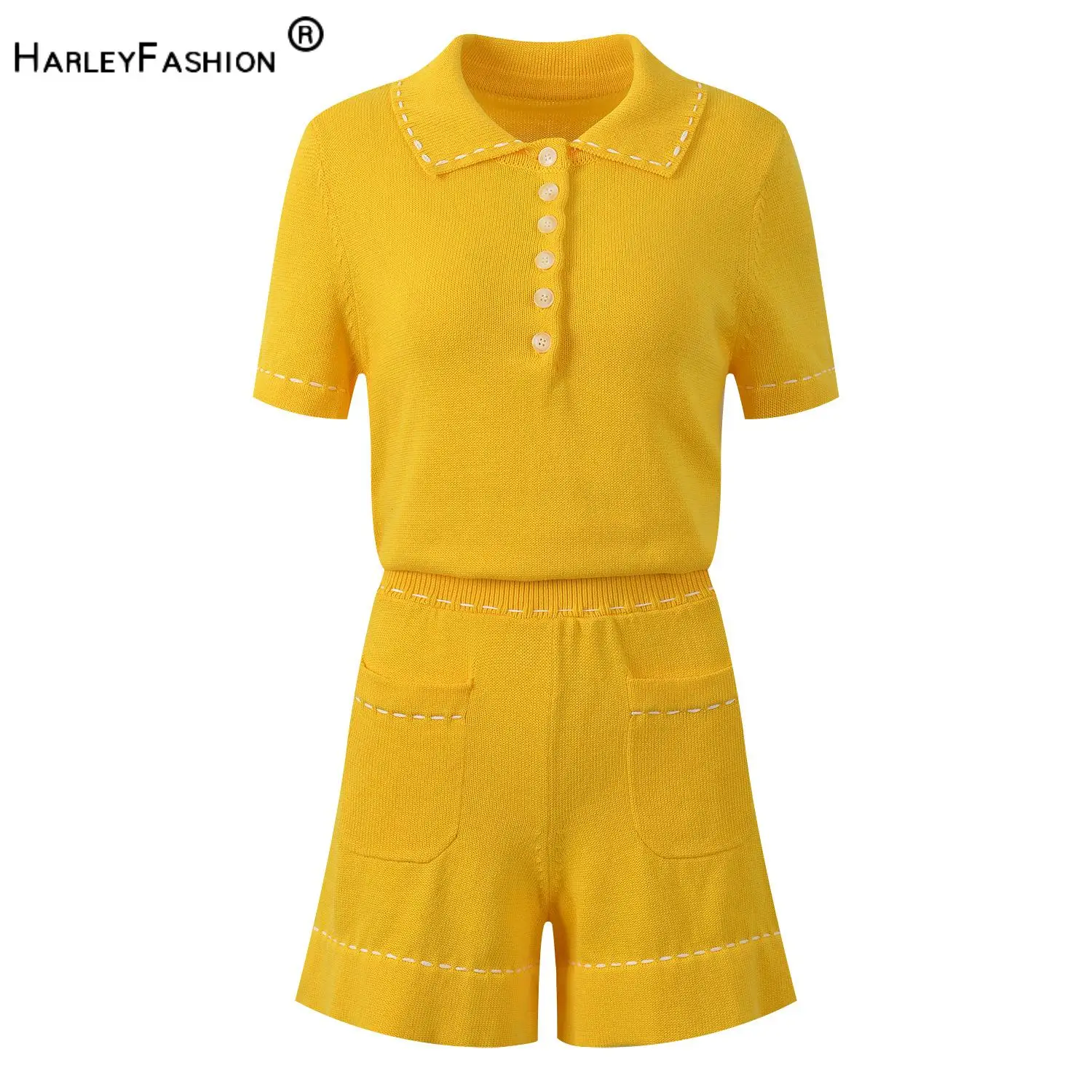 Summer French Style Lady 2026 Designed Topstitch Turn-down Collar Short Sleeve Single-breasted Solid Knits Jumpsuit
Summer French Style Lady 2026 Designed Topstitch Turn-down Collar Short Sleeve Single-breasted Solid Knits Jumpsuit