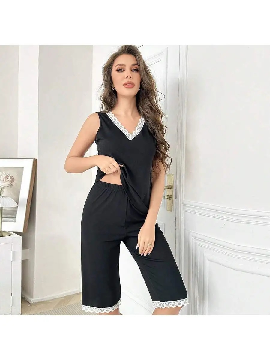 2pcs Women Lace Trim Camisole Top And Shorts Pajama Set Fashion Home Wear
2pcs Women Lace Trim Camisole Top And Shorts Pajama Set Fashion Home Wear