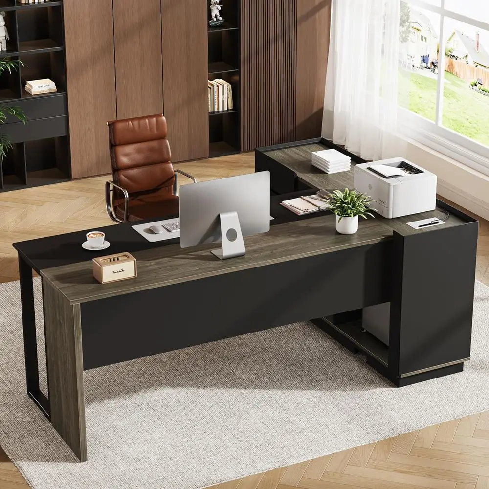 L-Shaped 70 Executive Desk with Cabinet Storage, 3 Drawers and Shelves for Large Computer Desk - Gray & Black
L-Shaped 70 Executive Desk with Cabinet Storage, 3 Drawers and Shelves for Large Computer Desk - Gray & Black