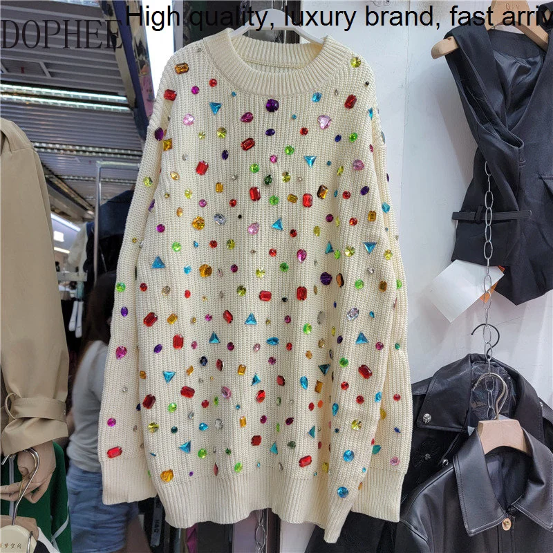 Autumn 2023 New Beaded Colored Diamonds Loose Pullover Lazy Wind Mid-long Knitted Top Casual Long-sleeved Sweaters for Women
Autumn 2023 New Beaded Colored Diamonds Loose Pullover Lazy Wind Mid-long Knitted Top Casual Long-sleeved Sweaters for Women