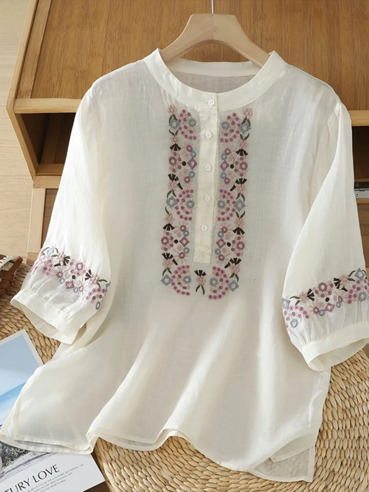 Elegant Embroidered Slim Fit Linen Shirt Women Summer Thin Lantern Sleeve Top Mom's Flax Shirt Commute Style Vintage Loose
Elegant Embroidered Slim Fit Linen Shirt Women Summer Thin Lantern Sleeve Top Mom's Flax Shirt Commute Style Vintage Loose
