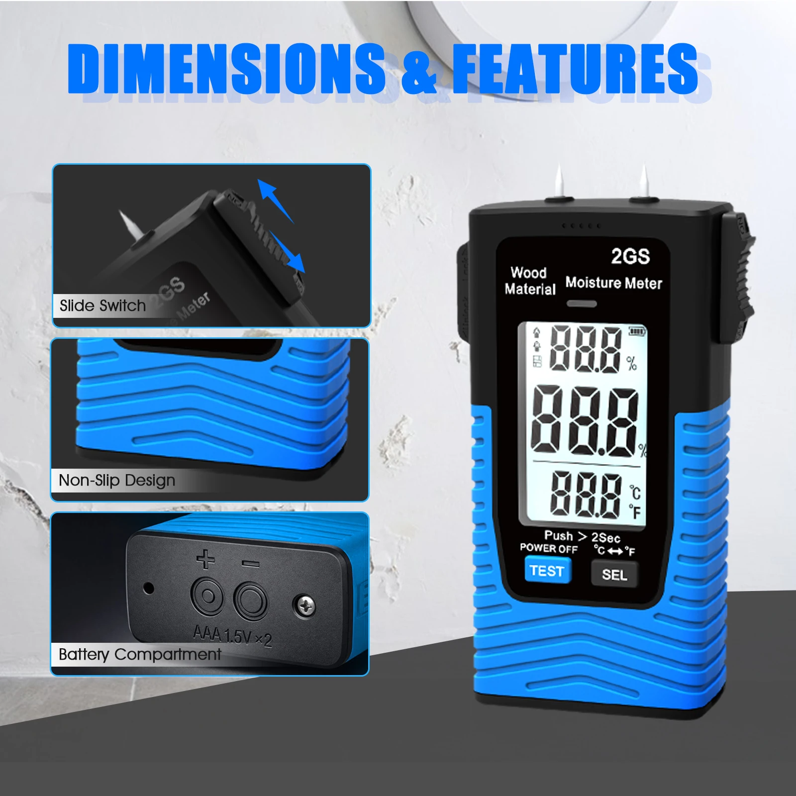 HP-2GS Digital Wood Moisture Meter, Two Pins Type Wood Humidity Tester with LED Indicator, 3 Modes for Wood & Building Materials
HP-2GS Digital Wood Moisture Meter, Two Pins Type Wood Humidity Tester with LED Indicator, 3 Modes for Wood & Building Materials
