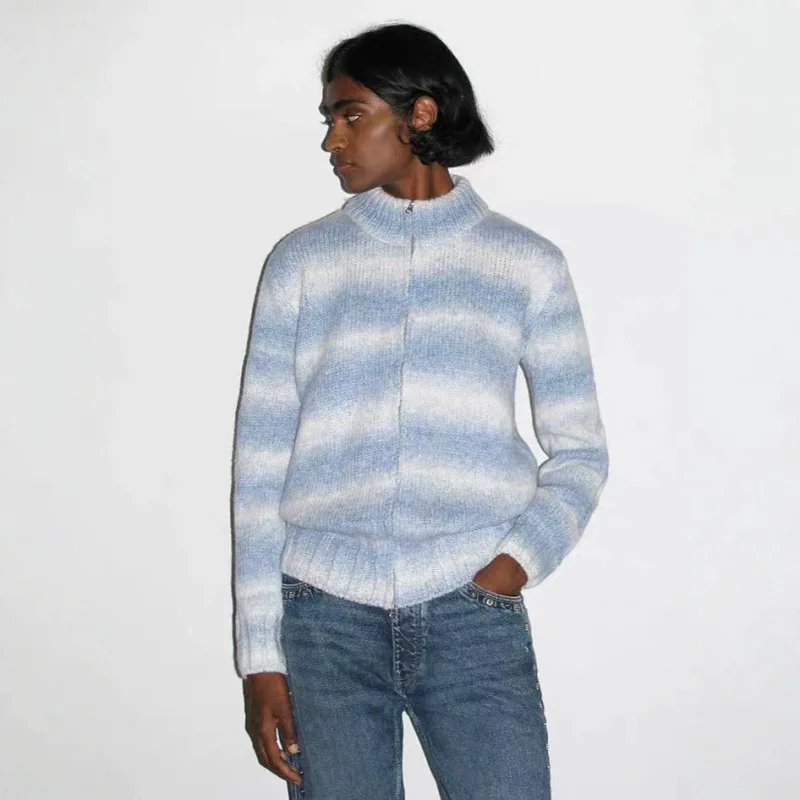Paloma Wool Casual Blue White Stripe Zipper Long Sve Knitted Sweater Splicing Woolen Top Thin Autumn Faion Ladies' Knitwear
Paloma Wool Casual Blue White Stripe Zipper Long Sve Knitted Sweater Splicing Woolen Top Thin Autumn Faion Ladies' Knitwear