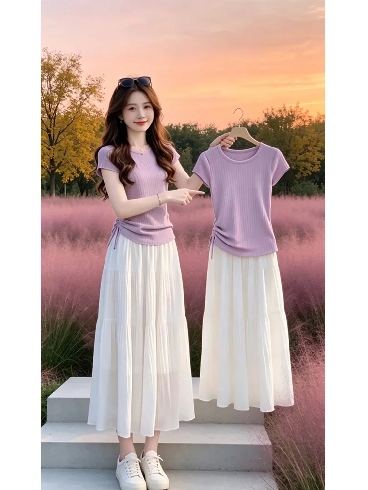 Korean Style OOTD Women's Fashion Set 2026 New Slim Fit Purple round Neck Knitted Short Sleeve T-Shirt Half Body Long Skirt
Korean Style OOTD Women's Fashion Set 2026 New Slim Fit Purple round Neck Knitted Short Sleeve T-Shirt Half Body Long Skirt
