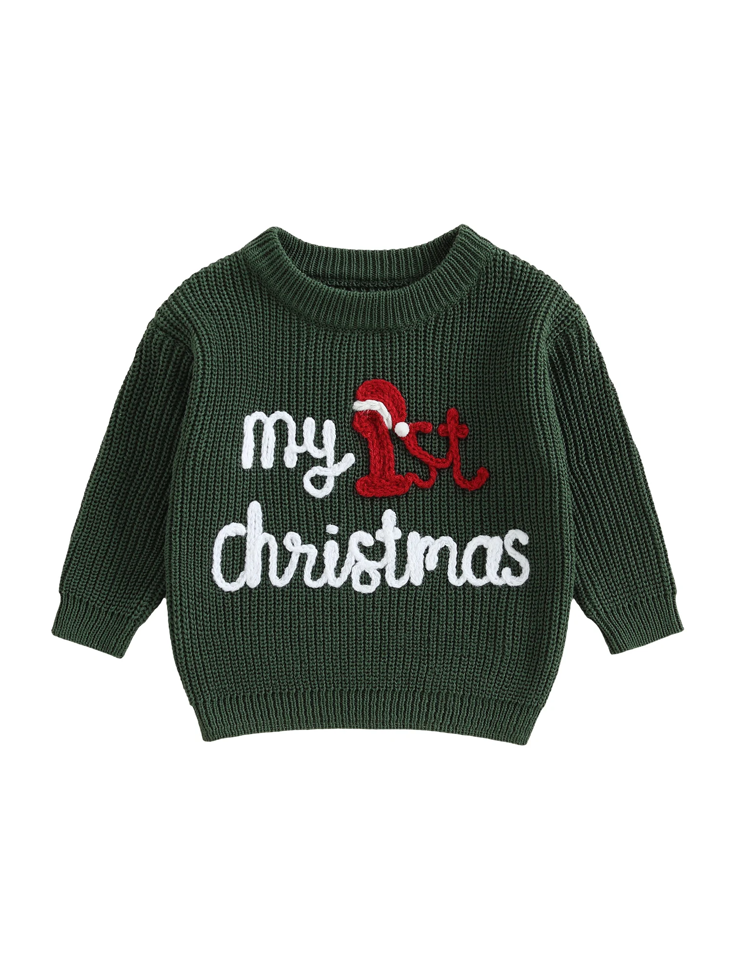 Рождественский джемпер для младенцев с шапкой Санта-Клауса и вышивкой. Уютный вязаный пуловер с круглым вырезом для первого Рождества ребенка. 
Рождественский джемпер для младенцев с шапкой Санта-Клауса и вышивкой. Уютный вязаный пуловер с круглым вырезом для первого Рождества ребенка.