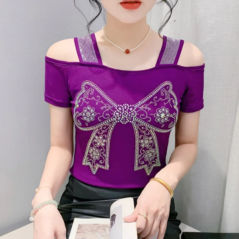 New 2025 Summer European Clothes T-shirt Women Sexy Off Shoulder Hot Diamonds Mesh Tops Fashion Short Sleeve Elastic Tees
New 2025 Summer European Clothes T-shirt Women Sexy Off Shoulder Hot Diamonds Mesh Tops Fashion Short Sleeve Elastic Tees