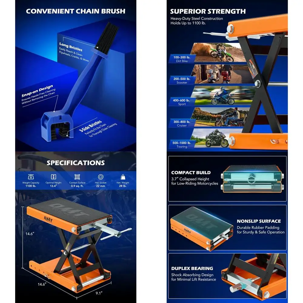 Подъемник для мотоцикла, ножничный подъемник 1100 фунтов с Т-образной ручкой и гнездом 3/8 дюйма, центральная подставка для мотоцикла с цепной щеткой, кривошип H
Подъемник для мотоцикла, ножничный подъемник 1100 фунтов с Т-образной ручкой и гнездом 3/8 дюйма, центральная подставка для мотоцикла с цепной щеткой, кривошип H