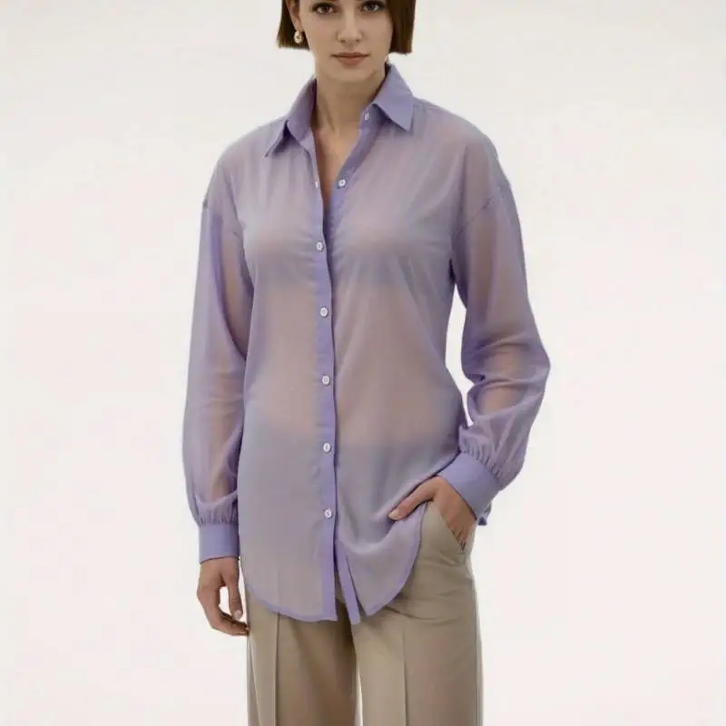 Весенне-летняя шифоновая блузка больших размеров с однотонным воротником, женская свободная легкая дышащая рубашка на пуговицах спереди с длинными рукавами
Весенне-летняя шифоновая блузка больших размеров с однотонным воротником, женская свободная легкая дышащая рубашка на пуговицах спереди с длинными рукавами