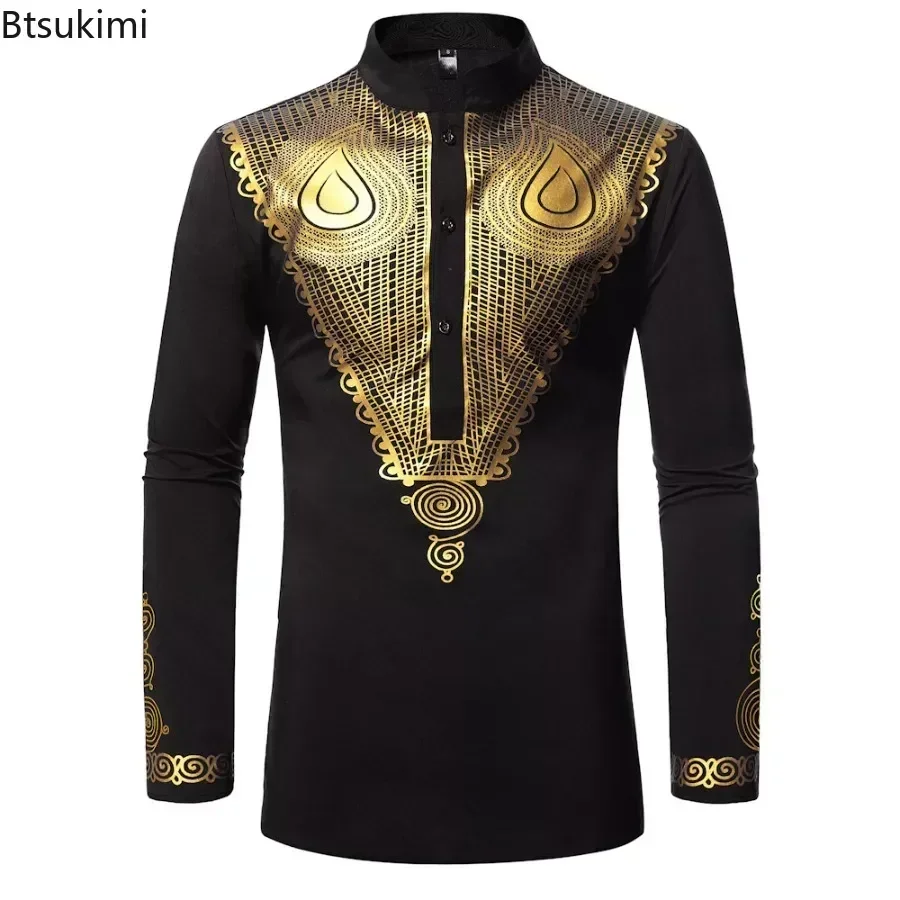 New Men's African Long Sleeve Shirt Metallic Gold Printed Stand Collar Shirt Traditional Ethnic Festival Wedding Dashiki Shirts
New Men's African Long Sleeve Shirt Metallic Gold Printed Stand Collar Shirt Traditional Ethnic Festival Wedding Dashiki Shirts