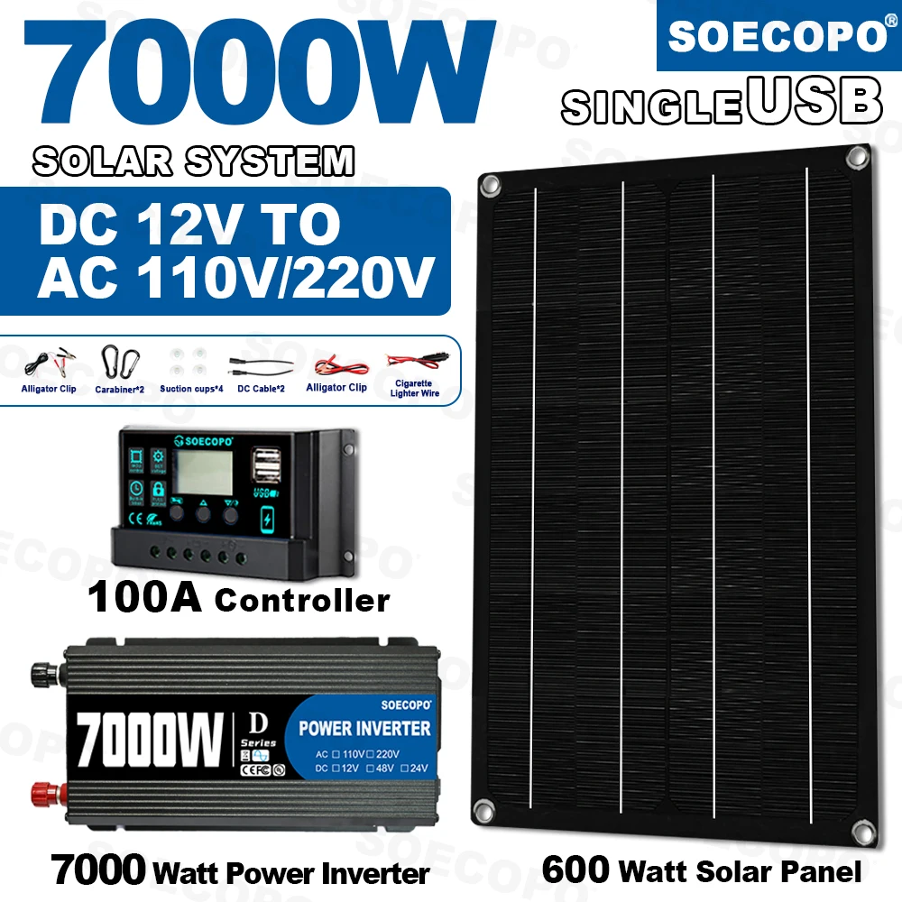 SOECOPO 7000W Peak Solar System Kit 600W Photovoltaic Panel 100A Controller 12V To 110V 220V Inverter for Camping Home Balcony
SOECOPO 7000W Peak Solar System Kit 600W Photovoltaic Panel 100A Controller 12V To 110V 220V Inverter for Camping Home Balcony