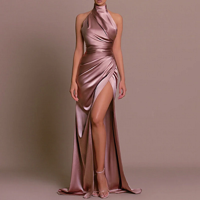 Women's sexy satin new dinner dress women's sleeveless backless shoulder side sewing sexy elegant Maxi dress fashion dress
Women's sexy satin new dinner dress women's sleeveless backless shoulder side sewing sexy elegant Maxi dress fashion dress