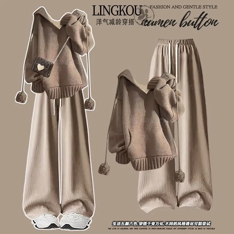 Spring Autumn Suit Women 2025 New Fashionable Lazy Style Knitted Hooded Sweater Versatile Wide-leg Pants Two-piece Set
Spring Autumn Suit Women 2025 New Fashionable Lazy Style Knitted Hooded Sweater Versatile Wide-leg Pants Two-piece Set
