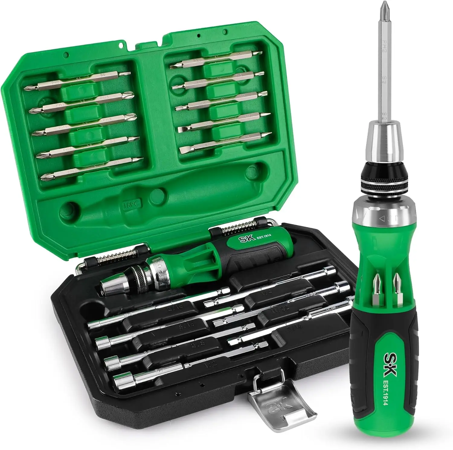 22-in-1 Ratcheting Screwdriver with Nut Drivers, 216-P Multi-bit Tool in Storage Box
22-in-1 Ratcheting Screwdriver with Nut Drivers, 216-P Multi-bit Tool in Storage Box