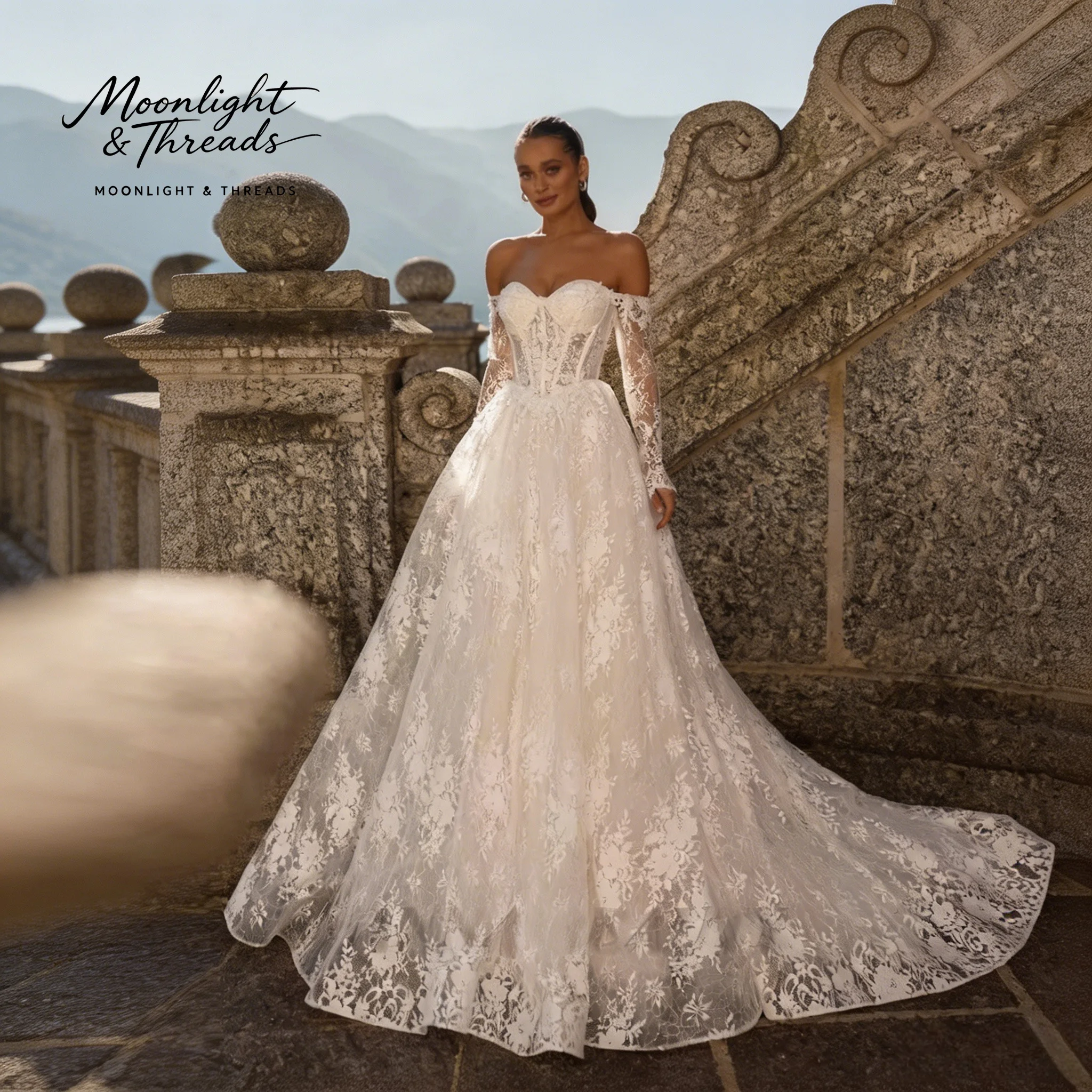 Elegant white lace-embroidered floor-length formal wedding gown with a voluminous skirt and boning detail
Elegant white lace-embroidered floor-length formal wedding gown with a voluminous skirt and boning detail