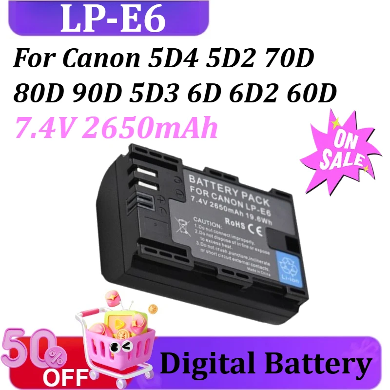 New 7.4V 2650mAh LP-E6 LPE6 Replacement Battery for Canon 5D4 5D2 70D 80D 90D 5D3 6D 6D2 60D Digital Batteries
New 7.4V 2650mAh LP-E6 LPE6 Replacement Battery for Canon 5D4 5D2 70D 80D 90D 5D3 6D 6D2 60D Digital Batteries