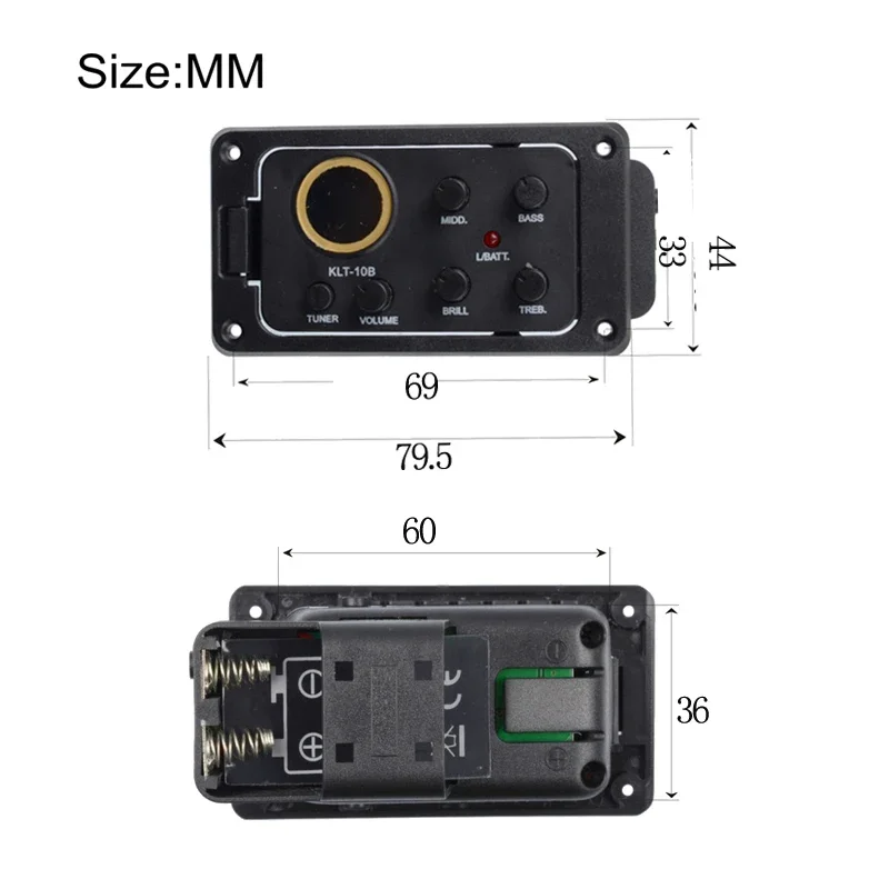 KLT-10B 4 Band EQ Equalizer Preamp Pickup with Round Screen Tuner for Travel Guitar 36 and 38 Guitar Black
KLT-10B 4 Band EQ Equalizer Preamp Pickup with Round Screen Tuner for Travel Guitar 36 and 38 Guitar Black