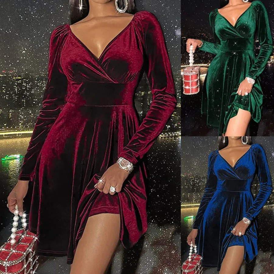 【New style】- European and American women's clothing spring and autumn holiday dress Christmas long-sleeved V-neck dress
【New style】- European and American women's clothing spring and autumn holiday dress Christmas long-sleeved V-neck dress