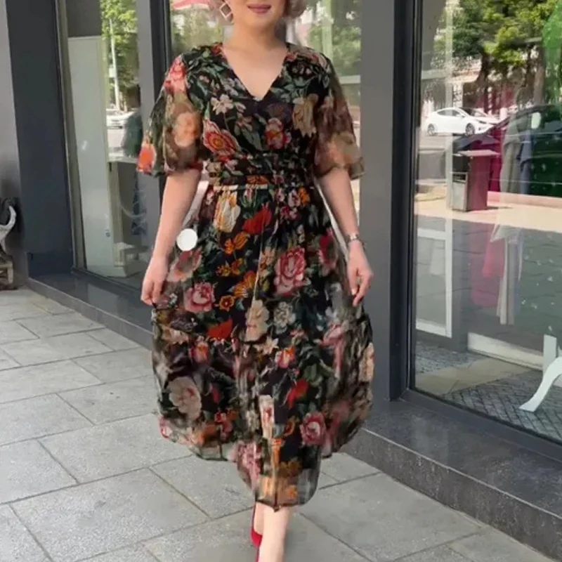 Elegant Spring Summer Short Sleeve Chiffon Dress Fashion Vintage Floral Print Women Long Dress Sexy V Neck Lace-up Party Dresses
Elegant Spring Summer Short Sleeve Chiffon Dress Fashion Vintage Floral Print Women Long Dress Sexy V Neck Lace-up Party Dresses