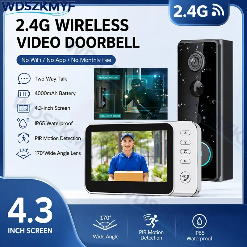 Waterproof 2.4G Video Monitoring Doorbell 4.3 Inch IPS screen 4000mAh PIR motion sensor Two-way intercom Video Doorbell Camera
Waterproof 2.4G Video Monitoring Doorbell 4.3 Inch IPS screen 4000mAh PIR motion sensor Two-way intercom Video Doorbell Camera