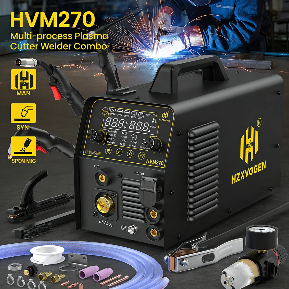 HZXVOGEN HVM270 Multi-process Plasma Cutter Welder Combo HF TIG Spot/Gasless/Gas MIG CUT MMA ARC Stick Welding Machine Dual Voltage 110V/220V
HZXVOGEN HVM270 Multi-process Plasma Cutter Welder Combo HF TIG Spot/Gasless/Gas MIG CUT MMA ARC Stick Welding Machine Dual Voltage 110V/220V