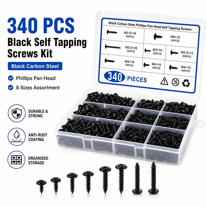 340Pcs Black Carbon Steel Self-Tapping Screw Assortment Kit Phillips Pan Head Wood Screws M3 M3.5 M4 M5 Hardware Fasteners Set
340Pcs Black Carbon Steel Self-Tapping Screw Assortment Kit Phillips Pan Head Wood Screws M3 M3.5 M4 M5 Hardware Fasteners Set