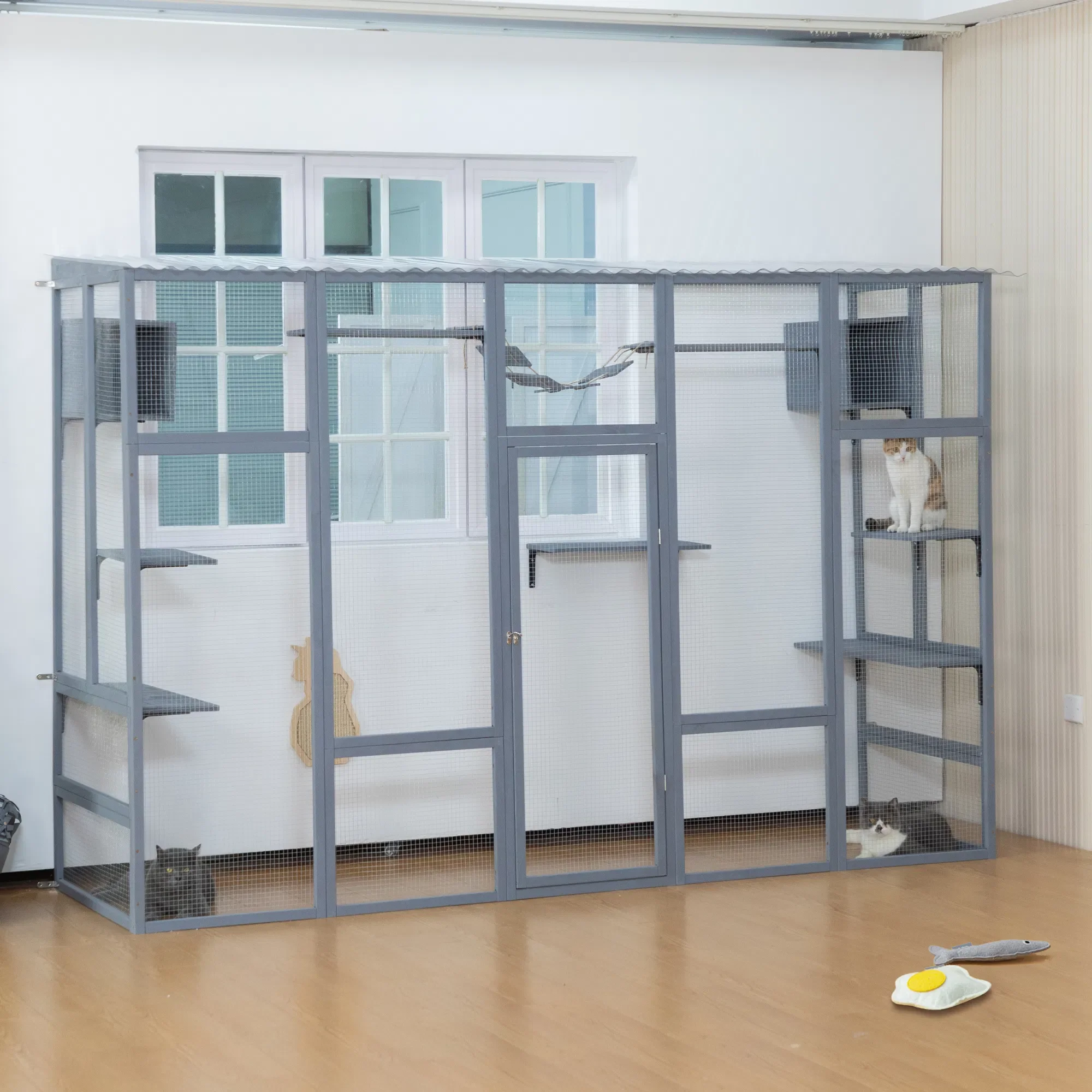 Gray Wooden Cat Enclosure with 6 Jumping Platforms 2 Cat Condos Cat Bridge and Scratching Board
Gray Wooden Cat Enclosure with 6 Jumping Platforms 2 Cat Condos Cat Bridge and Scratching Board