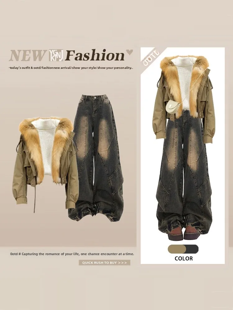 Retro Hong Kong Style Winter Parka Coat Women's Military Green Denim Worn-In Look Fur Collar Jacket And Pants Set
Retro Hong Kong Style Winter Parka Coat Women's Military Green Denim Worn-In Look Fur Collar Jacket And Pants Set