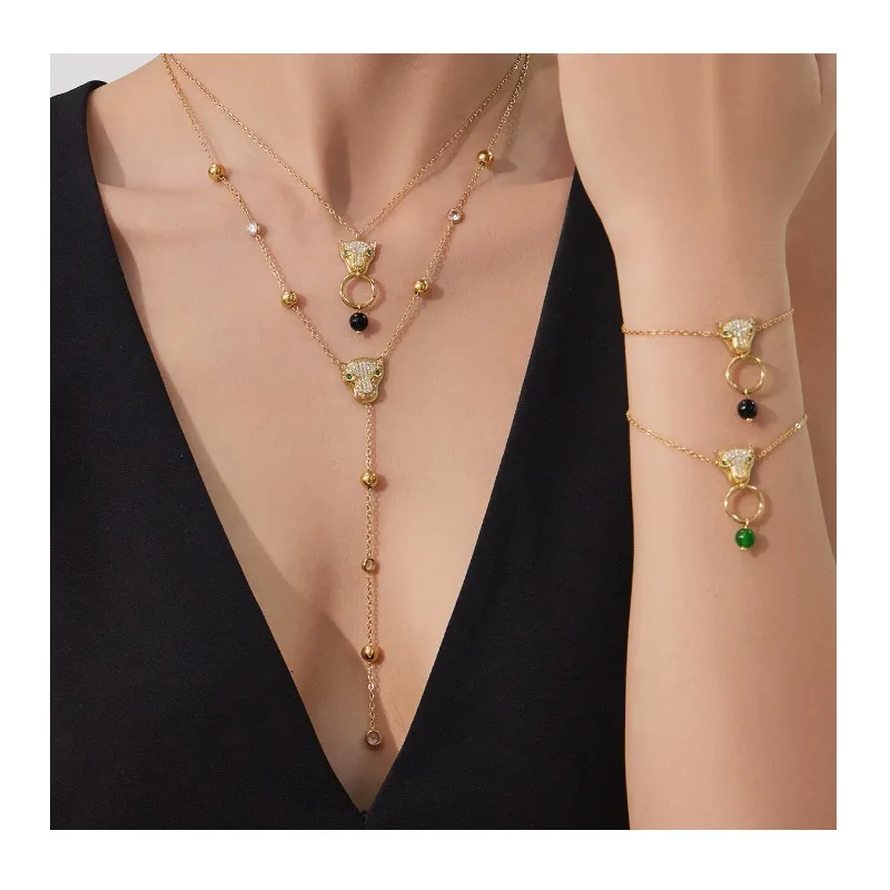 Zircon Super Flash Leopard Head Fringed Collarbone Necklace Stainless Steel Light Luxury Versatile Agate Bracelet Earrings
Zircon Super Flash Leopard Head Fringed Collarbone Necklace Stainless Steel Light Luxury Versatile Agate Bracelet Earrings