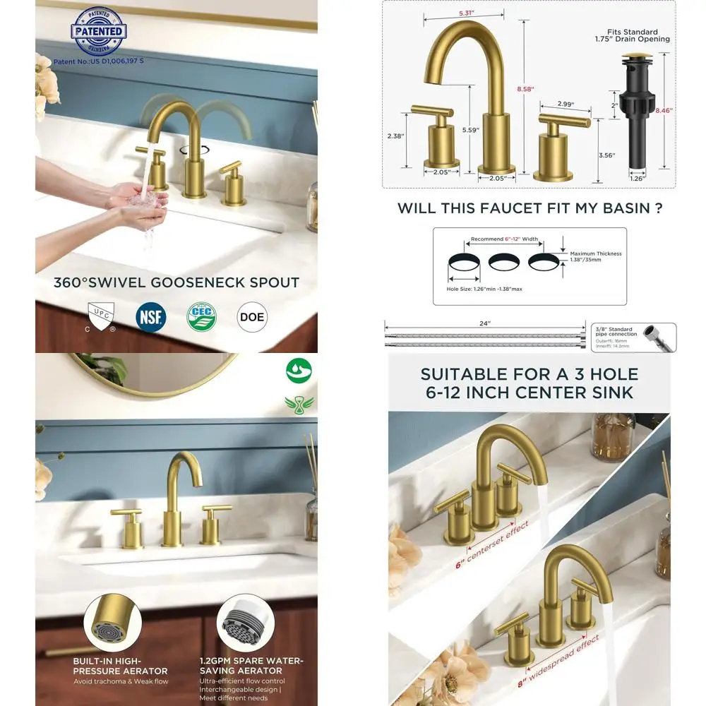 3-Hole 2-Handle Brushed Gold Widespread Faucet with 360° Swivel Spout, Pop-Up Drain & cUPC Supply for 6-12 Sinks
3-Hole 2-Handle Brushed Gold Widespread Faucet with 360° Swivel Spout, Pop-Up Drain & cUPC Supply for 6-12 Sinks