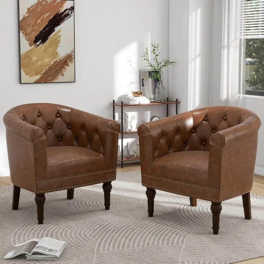 Leather Barrel Chair with Club Armrests, Solid Wood Legs, Nail-Trimmed Upholstery, Tan, Set of 2 for Living Room or Reading Nook
Leather Barrel Chair with Club Armrests, Solid Wood Legs, Nail-Trimmed Upholstery, Tan, Set of 2 for Living Room or Reading Nook