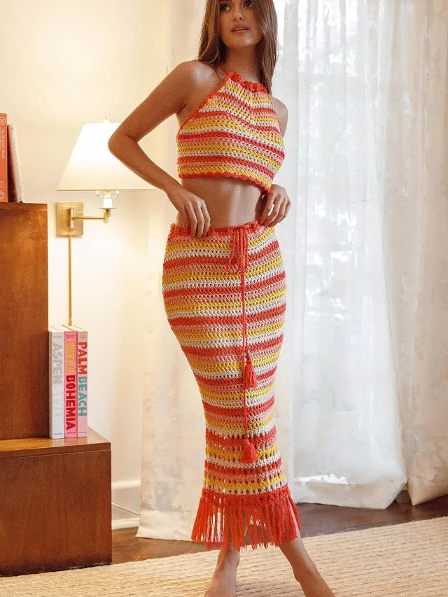 Elsa New Stripe Short Crop Top Knot Vest Sexy Girl Wrap around Tassel Skirt Knitted Set Women Summer Fashion Outfit
Elsa New Stripe Short Crop Top Knot Vest Sexy Girl Wrap around Tassel Skirt Knitted Set Women Summer Fashion Outfit