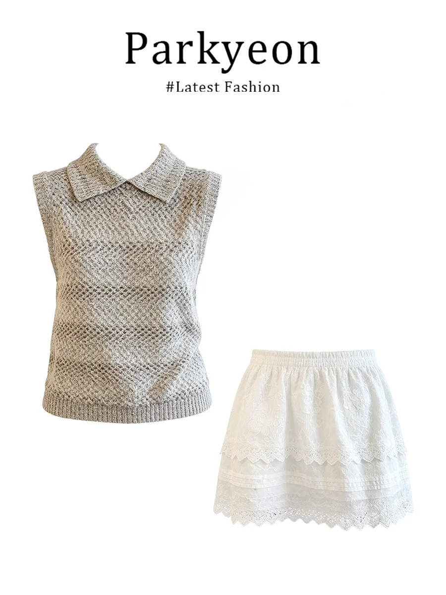 Parkyeon Summer Outfit Knitted Vest Top High Waist Lace Trim Skirt Set Casual Style Short Sleeve Flip Collar Two-Piece Set
Parkyeon Summer Outfit Knitted Vest Top High Waist Lace Trim Skirt Set Casual Style Short Sleeve Flip Collar Two-Piece Set
