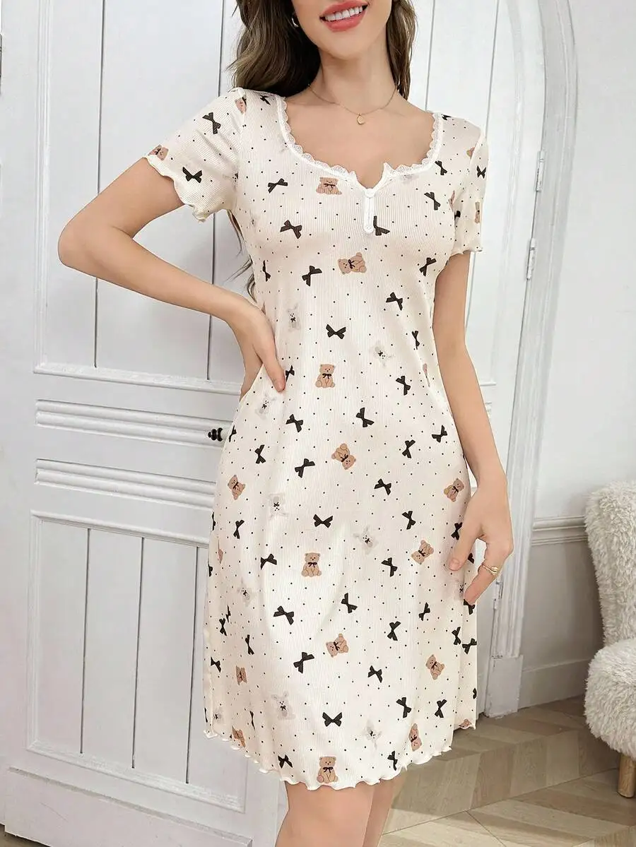 Ribbed Short Sleeve Nightgown With Bear And Bow Print, Lace Trim V-Neck
Ribbed Short Sleeve Nightgown With Bear And Bow Print, Lace Trim V-Neck