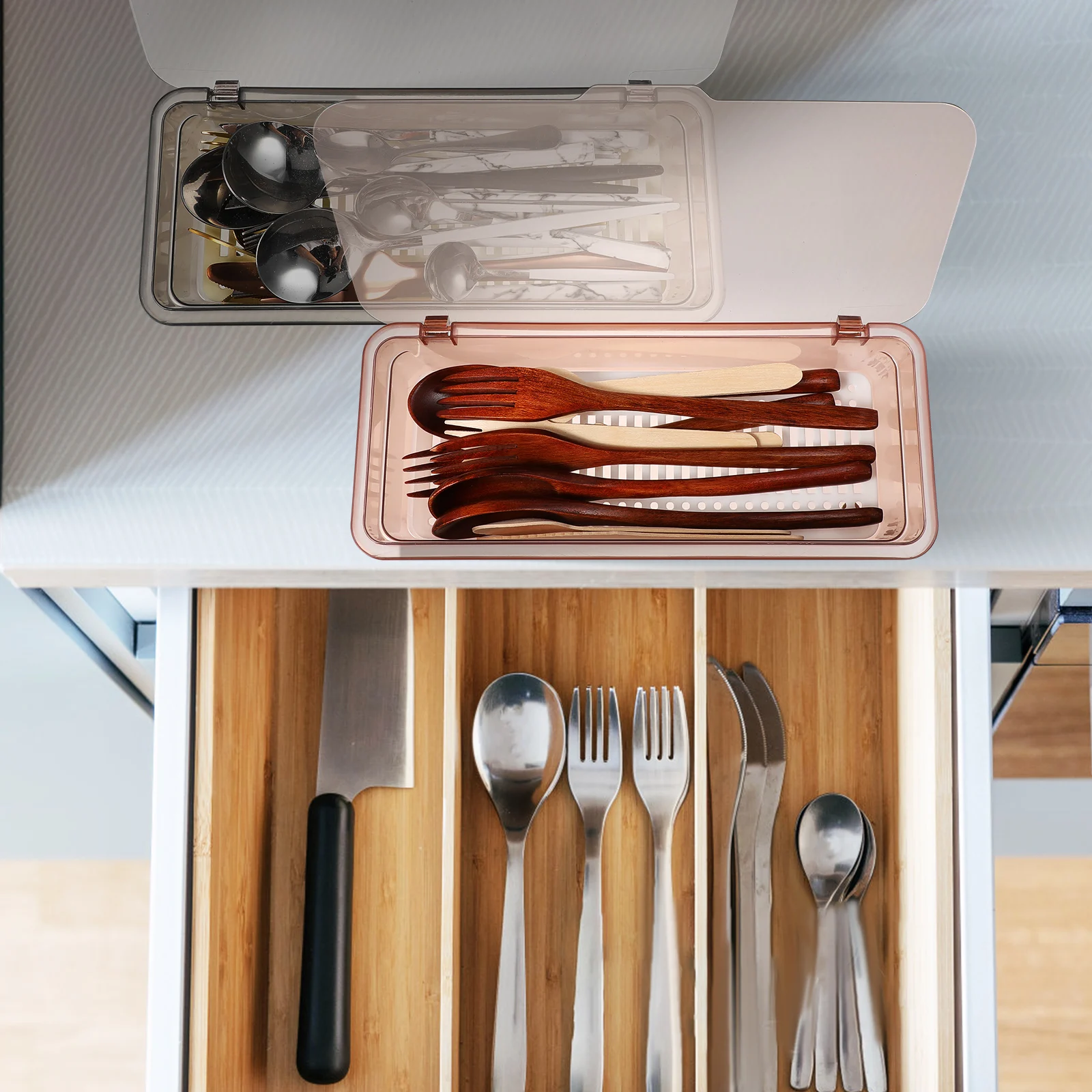 2 pcs Drain Utensil Box Silverware Organizer with Lid Kitchen Storage Containers Plastic Tray for Cutlery Holder
2 pcs Drain Utensil Box Silverware Organizer with Lid Kitchen Storage Containers Plastic Tray for Cutlery Holder