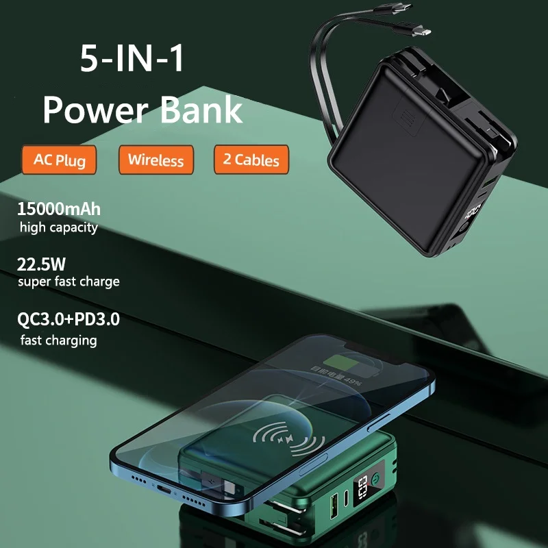 Внешний аккумулятор Power Bank 15000 мАч, портативная быстрая зарядка, 22,5 Вт, с кабелем цифрового дисплея, вилкой переменного тока для IPhone Xiaomi Samsung
Внешний аккумулятор Power Bank 15000 мАч, портативная быстрая зарядка, 22,5 Вт, с кабелем цифрового дисплея, вилкой переменного тока для IPhone Xiaomi Samsung