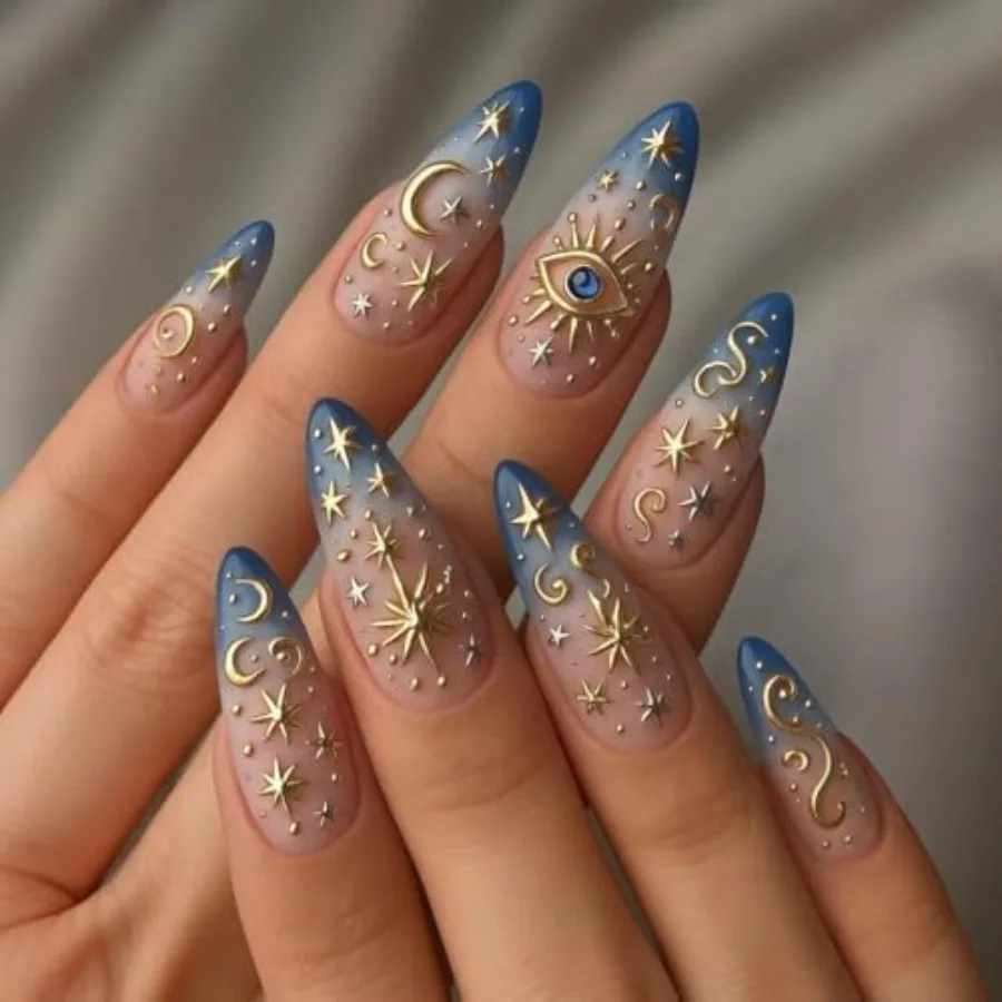 Gold Star Press on Nails Medium Almond Fake Nails Blue Ombre False Nails with 3D Eye Moon Designs Glue on Nails Gradient Acryli
Gold Star Press on Nails Medium Almond Fake Nails Blue Ombre False Nails with 3D Eye Moon Designs Glue on Nails Gradient Acryli