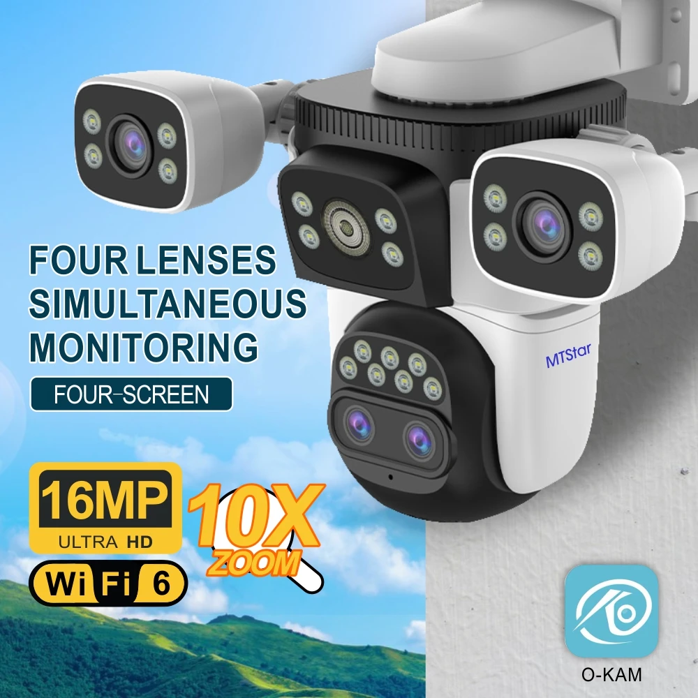Four Lens Three Screen 16MP 10X Zoom Wifi Outdoor Surveillance Security Camera Full Color Night Vision Two-way Voice
Four Lens Three Screen 16MP 10X Zoom Wifi Outdoor Surveillance Security Camera Full Color Night Vision Two-way Voice