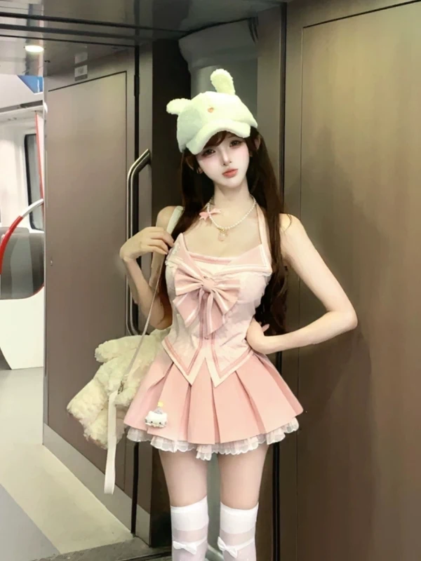 Summer Sweet Spicy Pink Bowknot Halter Top High Waist Pleated Skirt Two Piece Set Women's Fashion College Style Clothing
Summer Sweet Spicy Pink Bowknot Halter Top High Waist Pleated Skirt Two Piece Set Women's Fashion College Style Clothing