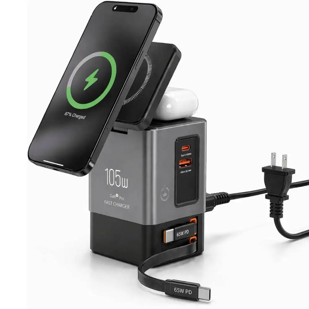 105W Charging Station with Double 65W Retractable Cable 6-in-1 GaN Charger for iPhone, AirPods and MacBook
105W Charging Station with Double 65W Retractable Cable 6-in-1 GaN Charger for iPhone, AirPods and MacBook