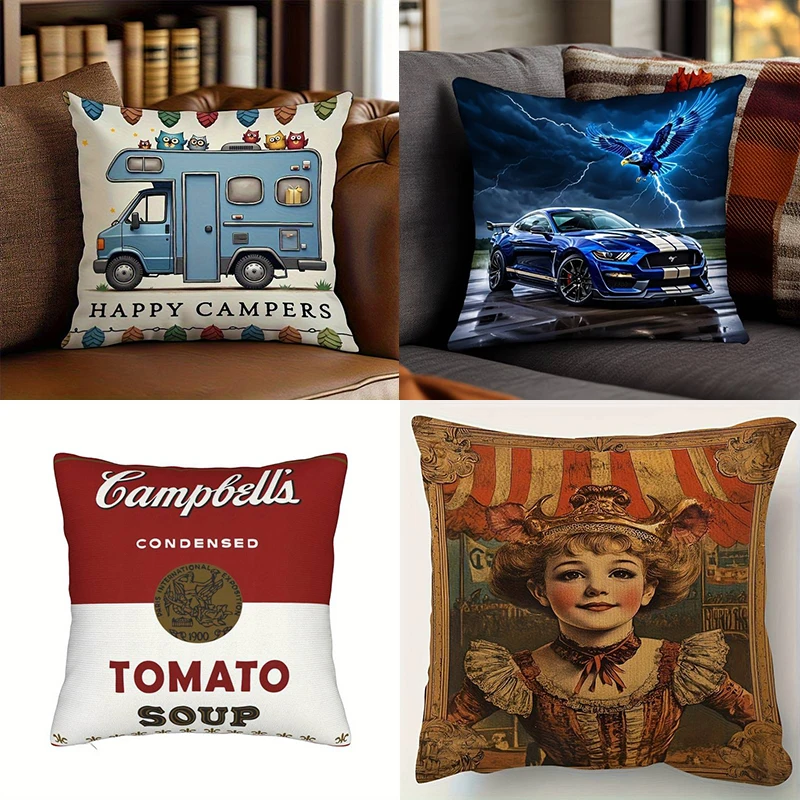 Наволочка в эклектическом стиле — с изображением кемпера, крутого спортивного автомобиля, банки супа в стиле поп-арт и винтажной цирковой девушки
Наволочка в эклектическом стиле — с изображением кемпера, крутого спортивного автомобиля, банки супа в стиле поп-арт и винтажной цирковой девушки