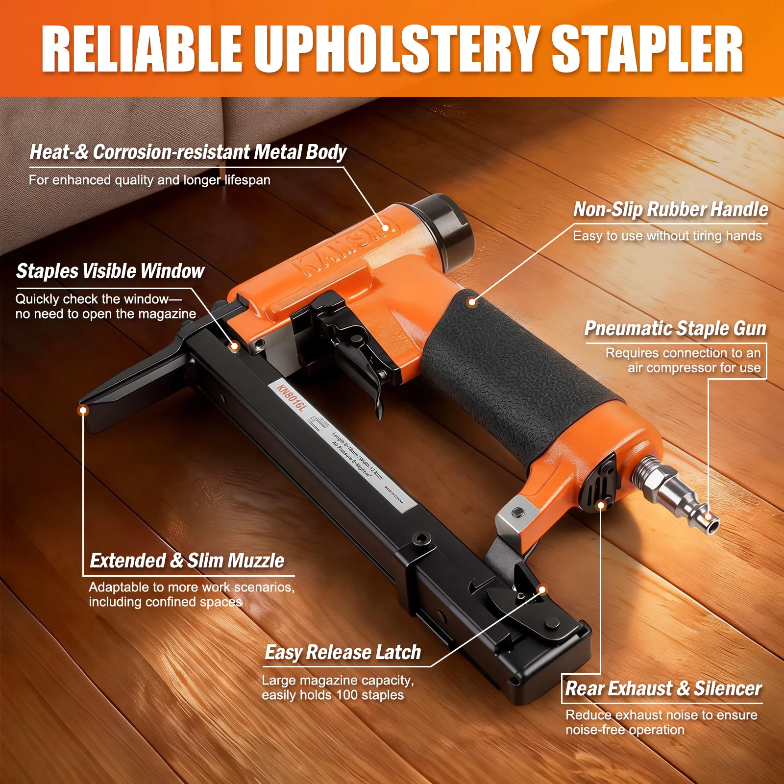 KAMSIN KN8016L 21 Gauge Pneumatic Upholstery Stapler, 1/2-inch Crown, 1/4-inch to 5/8-inch Length for Furniture, Upholstering
KAMSIN KN8016L 21 Gauge Pneumatic Upholstery Stapler, 1/2-inch Crown, 1/4-inch to 5/8-inch Length for Furniture, Upholstering