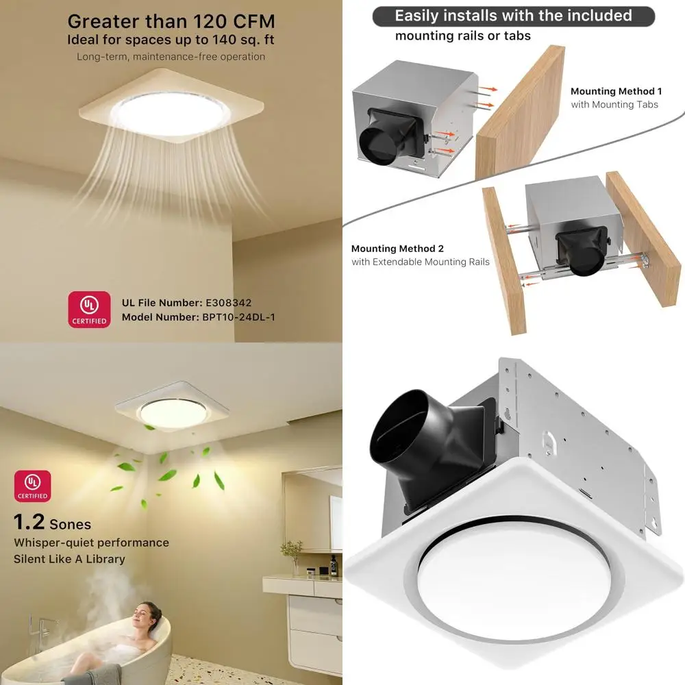 120cm UL Certified Bathroom Exhaust Fan with Adjustable LED Light 1.2 Sones, 3 Color Temperatures, Quiet Operation
120cm UL Certified Bathroom Exhaust Fan with Adjustable LED Light 1.2 Sones, 3 Color Temperatures, Quiet Operation