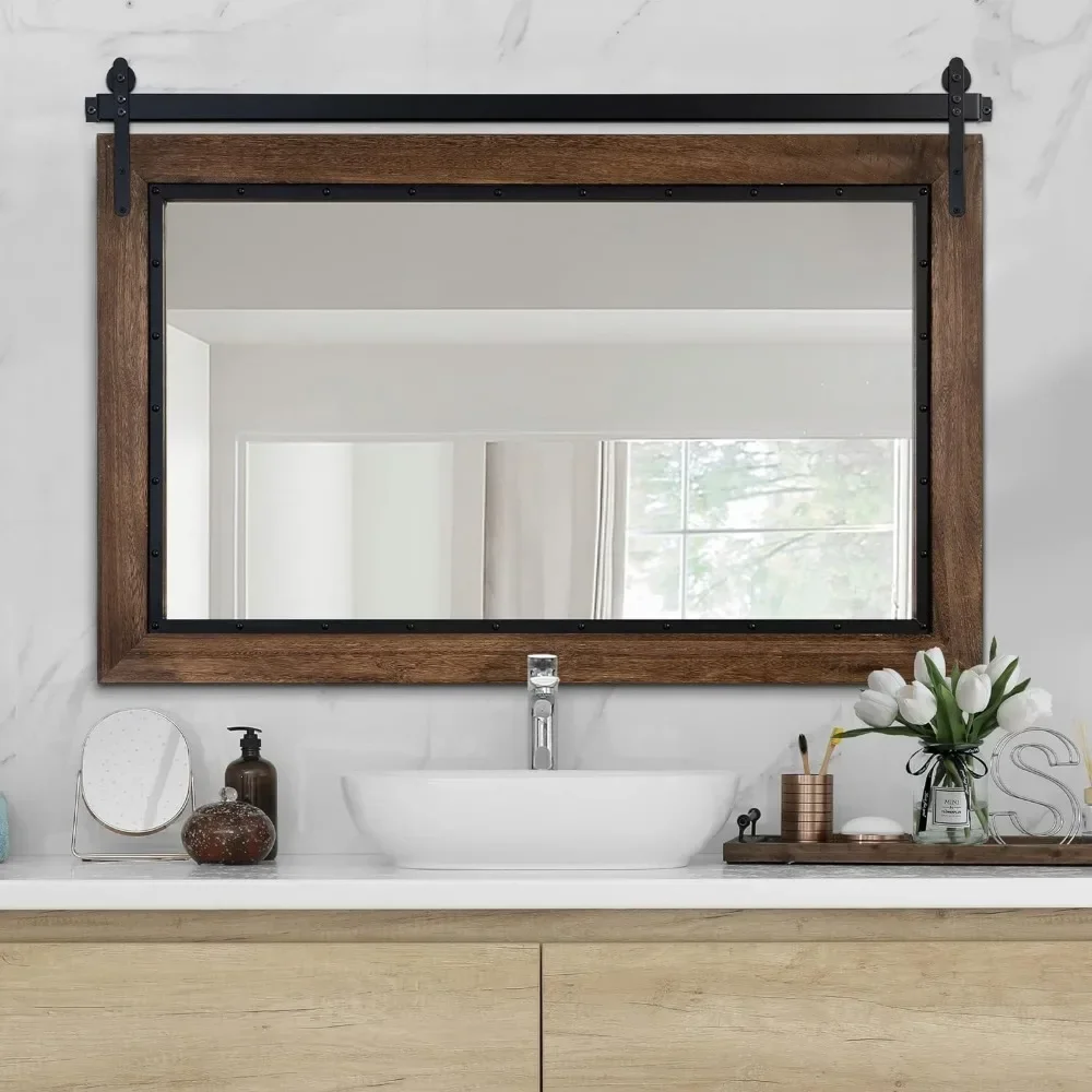 Farmhouse Barn Door Mirror, 48"x30" Rustic Bathroom Mirror, Wood Frame Wall Mirror, Wooden Mirror for Living Room Bedroom
Farmhouse Barn Door Mirror, 48"x30" Rustic Bathroom Mirror, Wood Frame Wall Mirror, Wooden Mirror for Living Room Bedroom